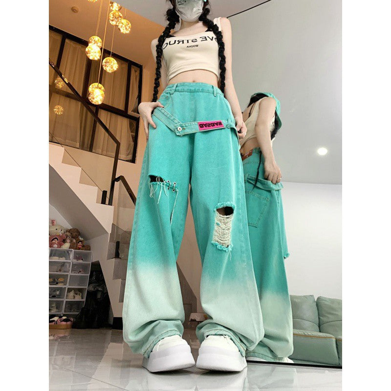 Dopamine pants Free shipping Tattoo Gradual change color ripped dopamine wear jeans women's summer new high waist thin loose meat wide leg pants tide