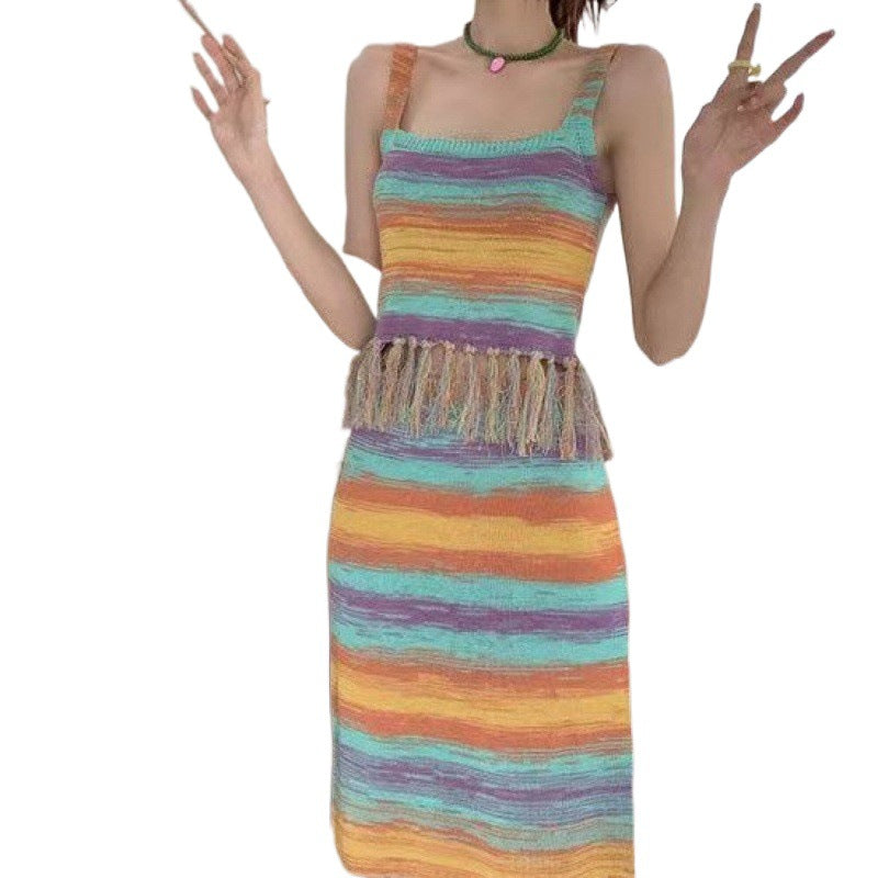 Dopamine dress Free shipping Tattoo Dopamine Sweet Girl Suit Girl Wear Summer Skirt A Complete Set of Fringed Sweet Wind Knitted Suspender Long Dress