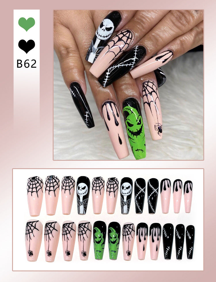 Fashion  nail Cross-Border Halloween Wear Armor Ghost Skull Pumpkin Bat Long 24 Pieces Fake Nail Patch Nail Sticker Wholesale