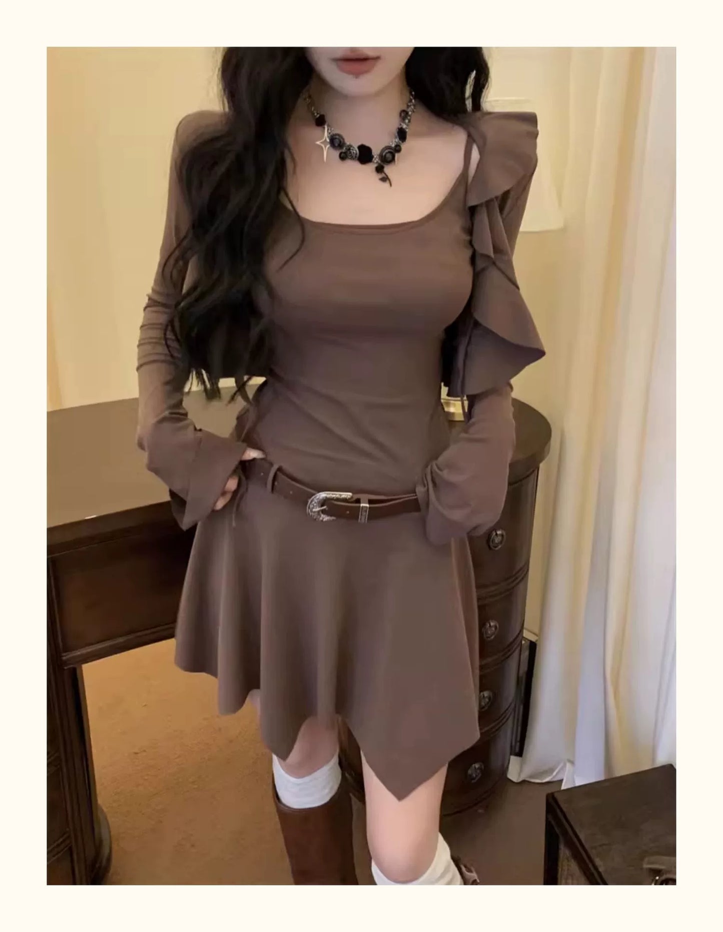 Fashion women's wear Brown Sleeveless Sling Dress Women's Summer Hot Girl Fitted Waist Pleated A- line Short Skirt Ruffled Cardigan Two-Piece Set