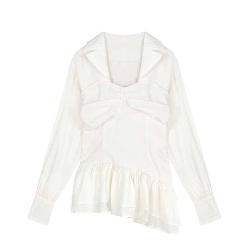 Fashion women's wear Sweet Hot Girl Long-Sleeved Shirt Dress Women's Spring and Autumn Pure White Square Collar Pleated Waist Tight Slimming Puff Short Skirt