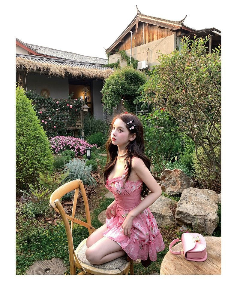Dopamine dress Free shipping Tattoo Summer sweetheart pink suspender dress women's summer high sense small man pure desire wind dopamine princess A-shaped dress