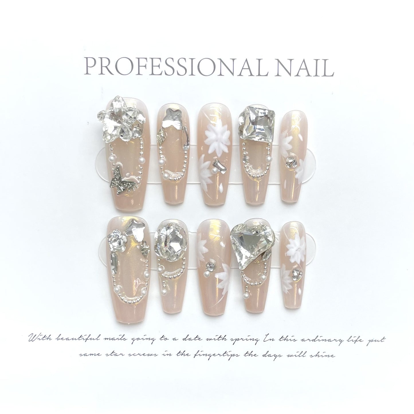 (reusable nail)Pink Tang Wears Nail, Pure Desire, Gentle and Elegant temperament, Fairy Flower, Transparent Rock Sugar Nail Beauty Product, Detachable