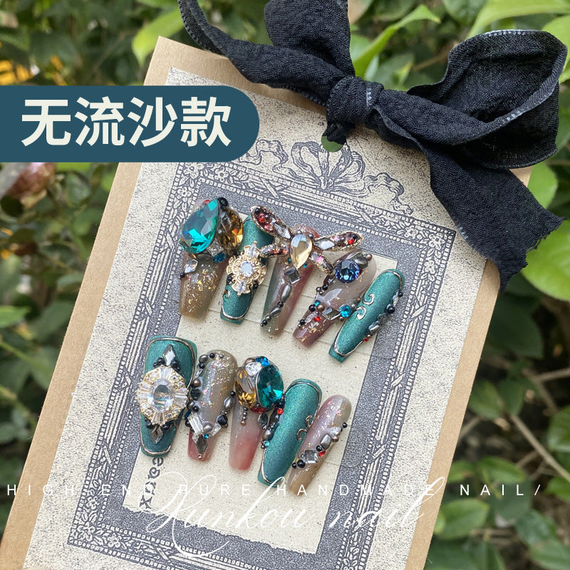 (Hand-Made Nail) Handmade Wear Nail Factory Straight Hair Quicksand Manicure Green Fat Red Thin Gem Box Flash Dragonfly Diamond in the Debris Flow Hemp