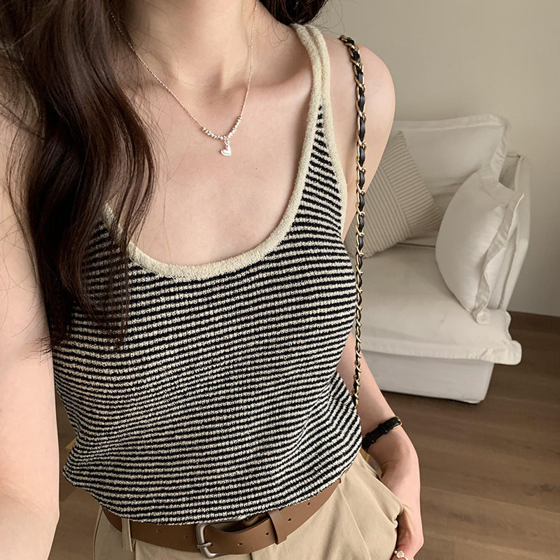Dopamine tops Free shipping Tattoo Real photo Dopamine unique chic design striped sling vest women's spring and summer new sleeveless top