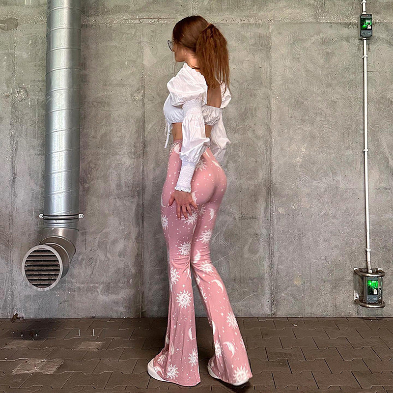 Fashion women's wear Q23pt305   Starry Sky Sun Pattern Printing High-Waist Pink Flared Pants Women's Pants Summer New