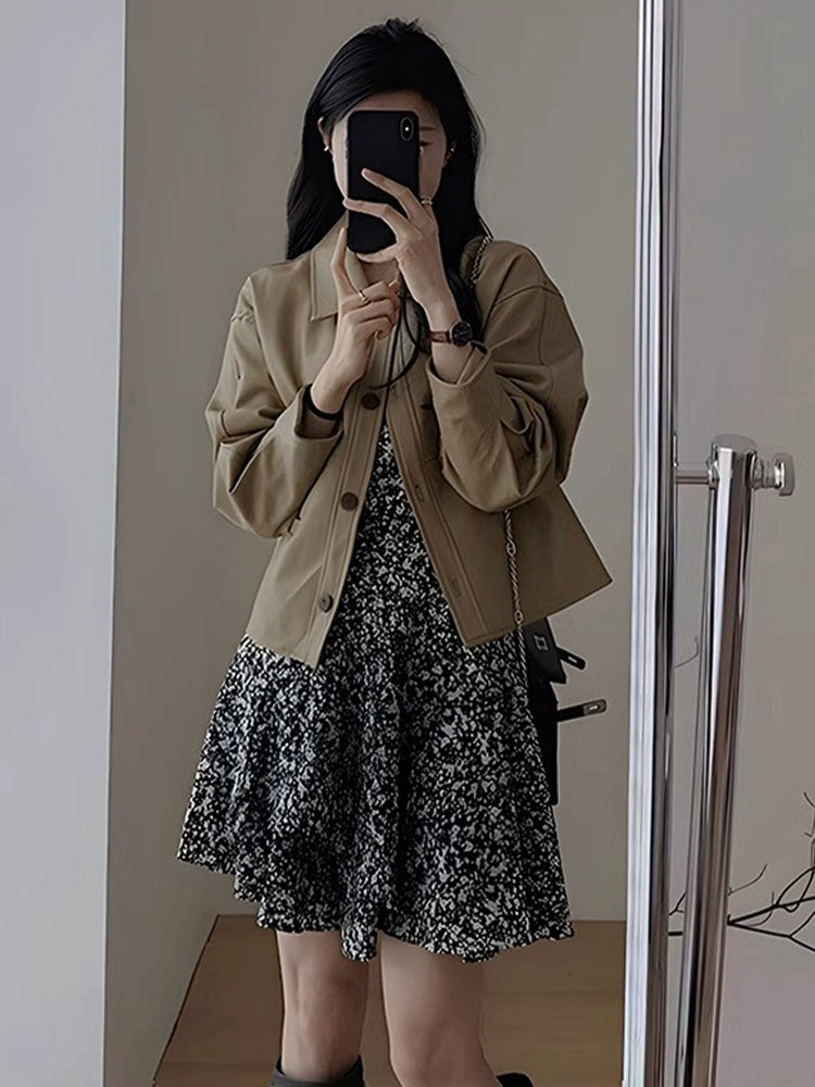 Fashion women's wear French Style Temperament High-Grade Floral V-neck Long-Sleeve Dress Children's Spring 2024 New Inner Wear Cinched Short Dress