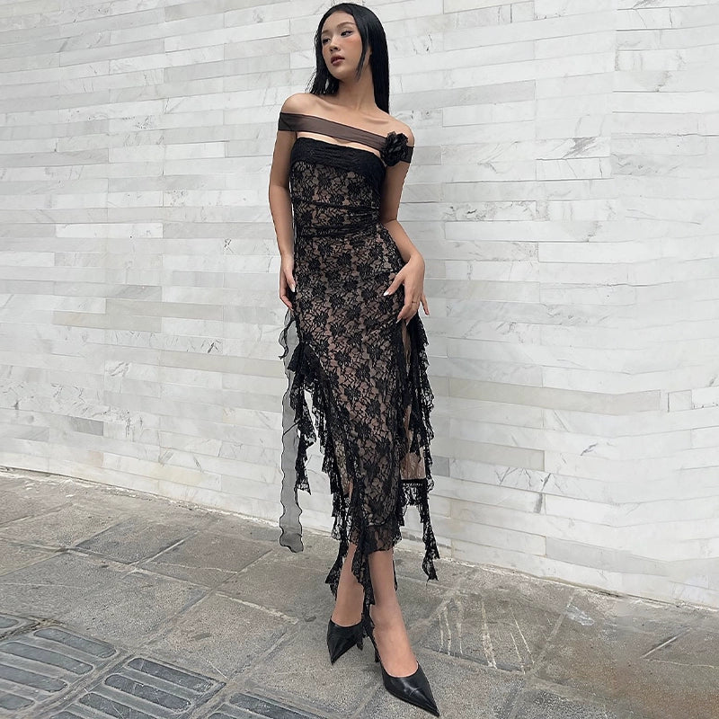 Fashion women's wear Sexy Black Lace Tube Top Dress 2024 Spring and Summer New Hot Girl Slim Slimming Sheath Slit Midi Skirt