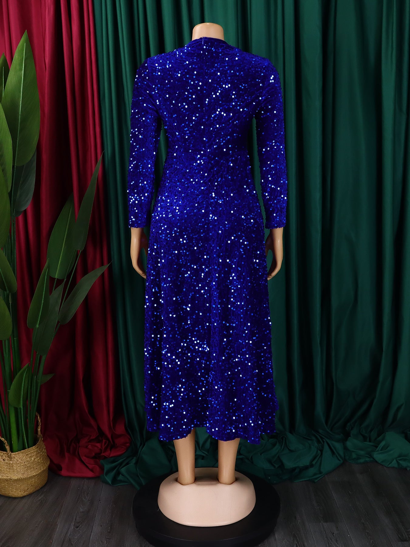 Fashion women's wear D469 Cross-Border New Arrival Women's round Neck Long Sleeve Pure Color Sequins High Waist Temperament Mid-Length Formal Dress European and American Style Dress