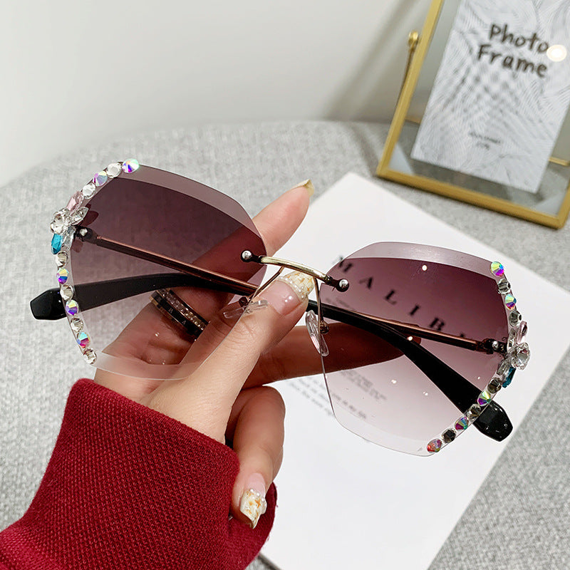 Women's fashion glasses 2024  新款时尚太阳镜女士防紫外线大脸显瘦无框水钻墨镜女ins韩版潮