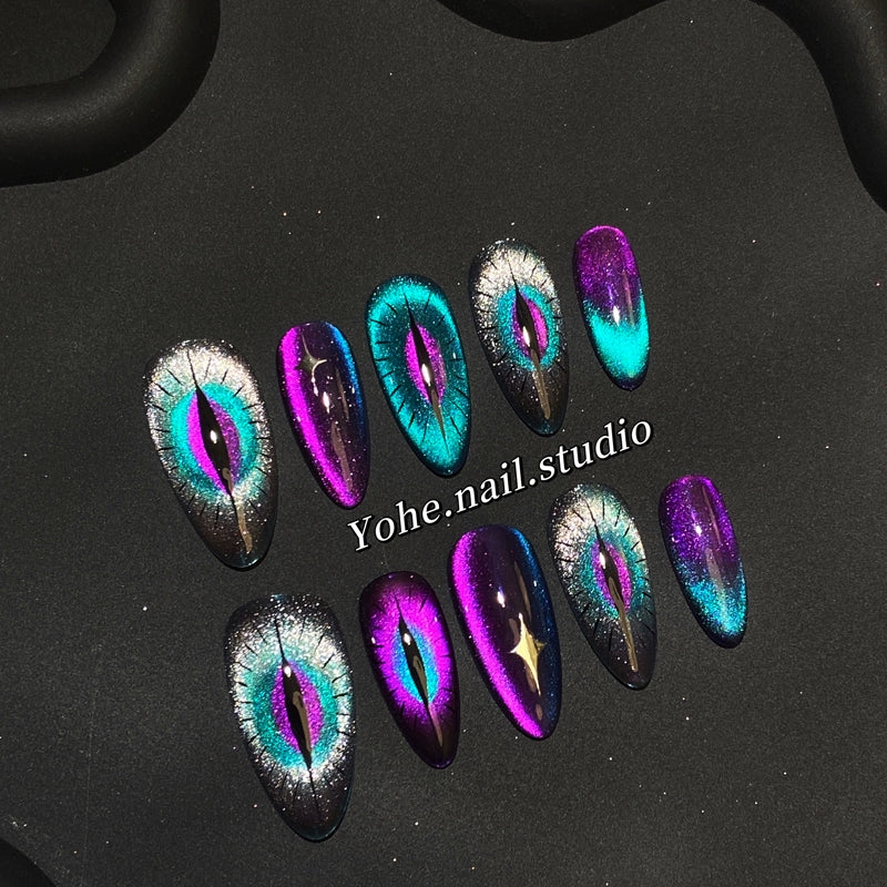 (Hand-made nail) Yoho Studio Phantom Eye Cat Eye Ins Wind Wearing Nail Art Custom Fake Nails Handmade Custom Short Nails