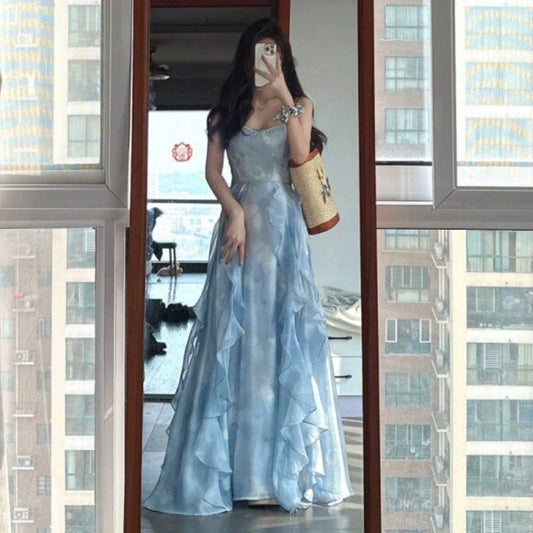 Fashion women's wear Seaside Vacation Style Blue Sling Dress Female Summer New Super Nice Niche Design French Fairy Skirt