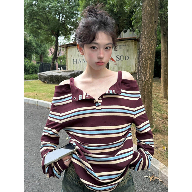 Dopamine tops Free shipping Tattoo The same striped fake two off-the-shoulder long-sleeved women's early autumn sweet and cool hot girls contrasting color T-shirt design sense niche repair body