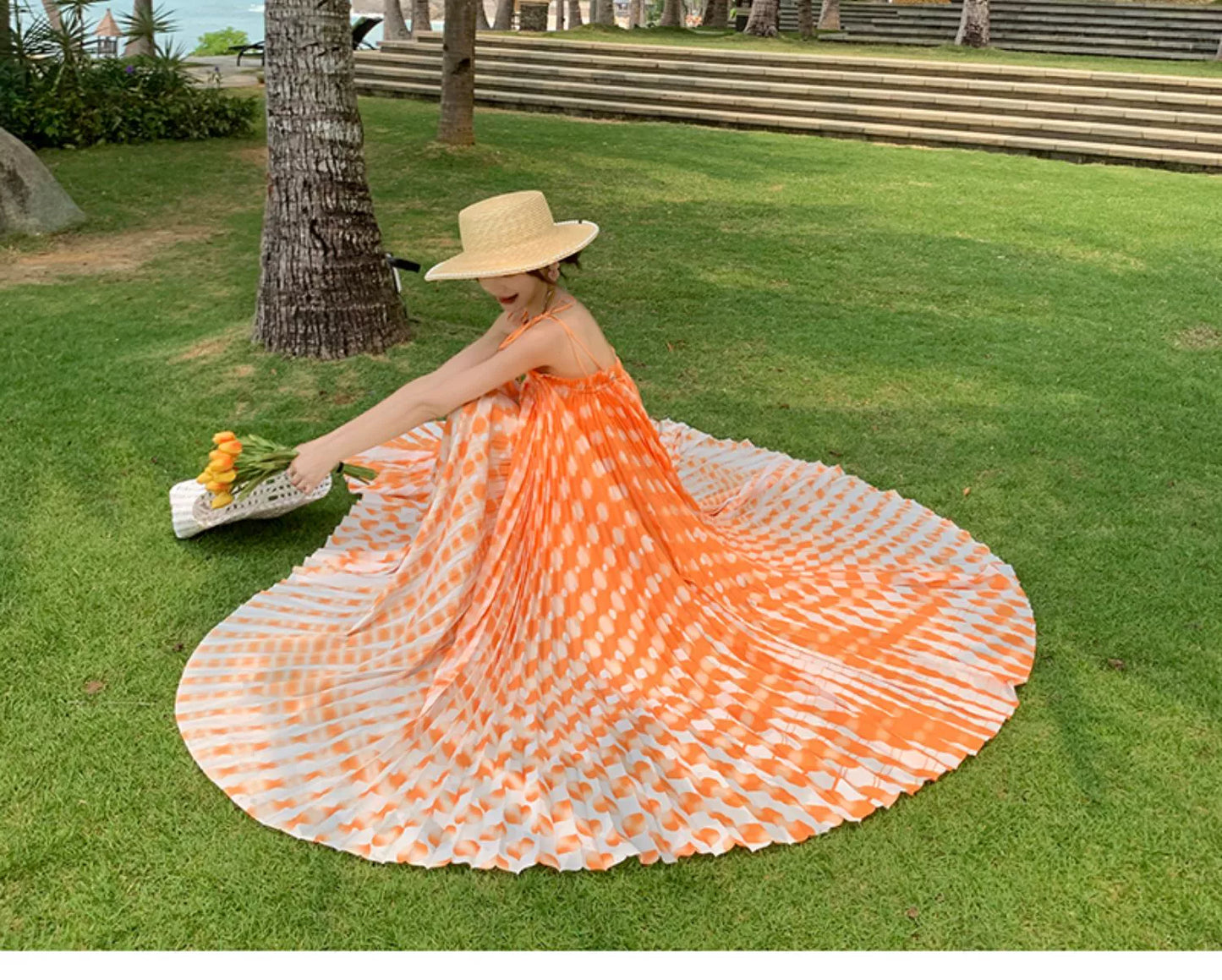 Fashion women's wear Tie-Dyed Floral Strap Dress Women's Summer French off-Shoulder Dopamine Sanya Seaside Vacation Beach Long Skirt