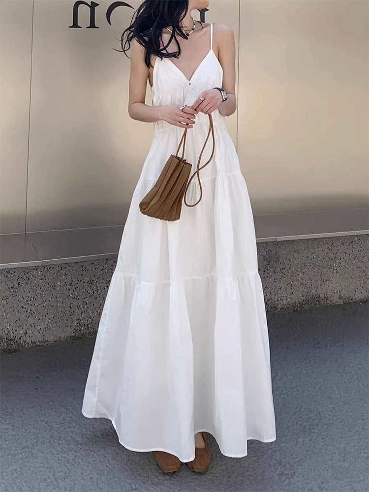 Fashion women's wear Tea Break French First Love White Suspender Dress Children Summer 2024 New Holiday High Sense Temperament Long Dress