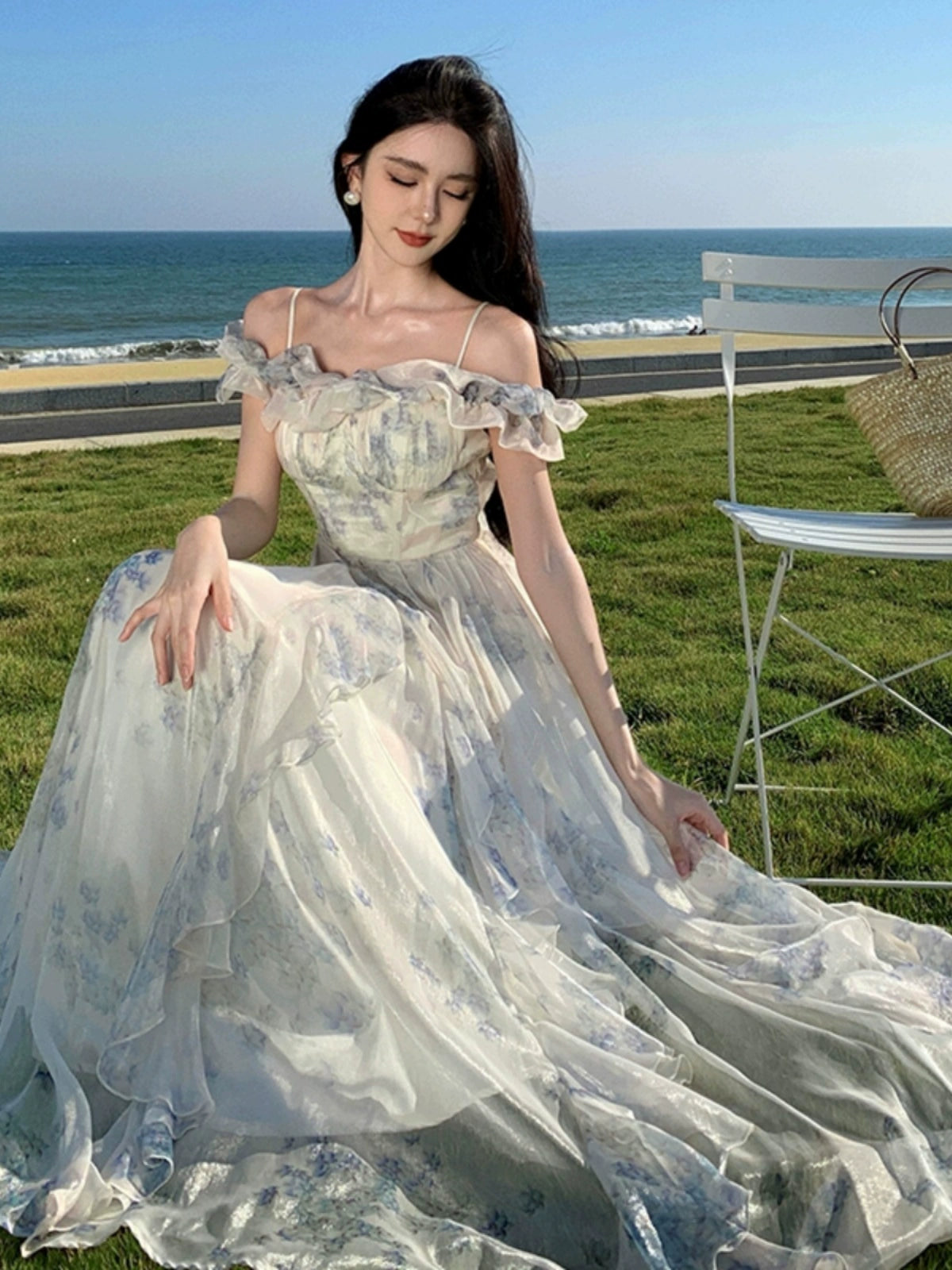Fashion women's wear Seaside Vacation Style Suspender Skirt Yarn French Ruffled Beach Dress Atmosphere Long Skirt Elegant Fairy Style