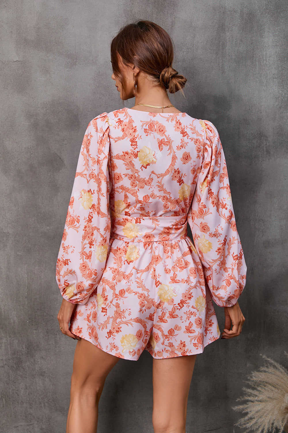 Fashion women's wear   Autumn Flower Long Sleeve Shorts V-neck Jumpsuit