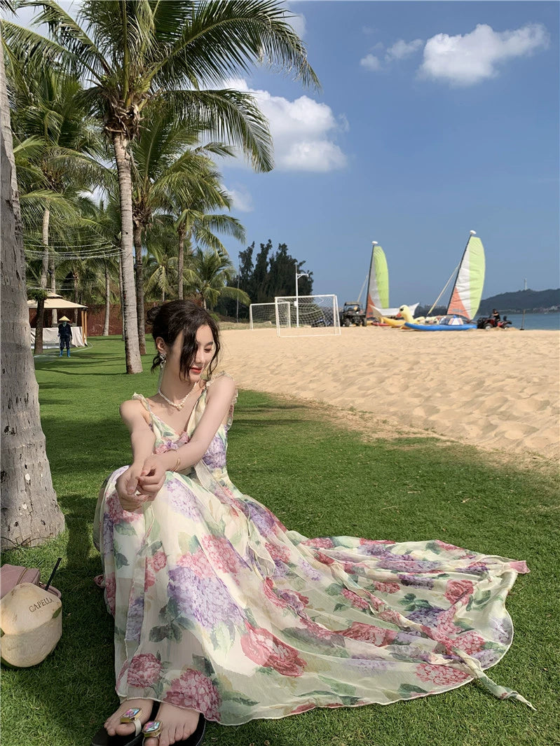 Fashion women's wear French Sweet Gentle Spaghetti-Strap Ruffle Floral Dress Women's Summer Vacation Fairy Large Swing Suspender Dress