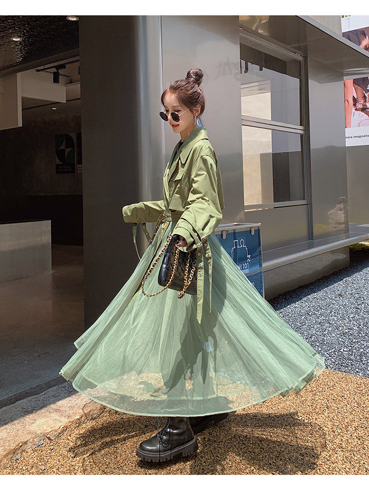 Fashion women's wear A Large Number of in Stock 2024   Purpleflower Holly Leaf Spring and Autumn Trench Coat Women's French Mesh Stitching Casual Temperament Coat