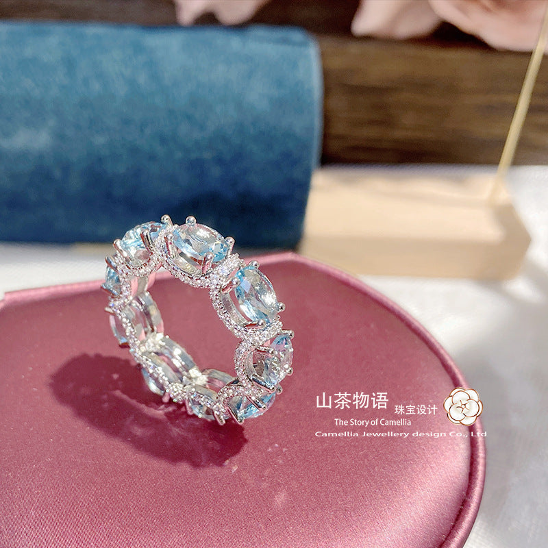 Camellia珠宝海蓝戒指 镀S925银仿彩宝款女式高级质感4*6镶钻排戒