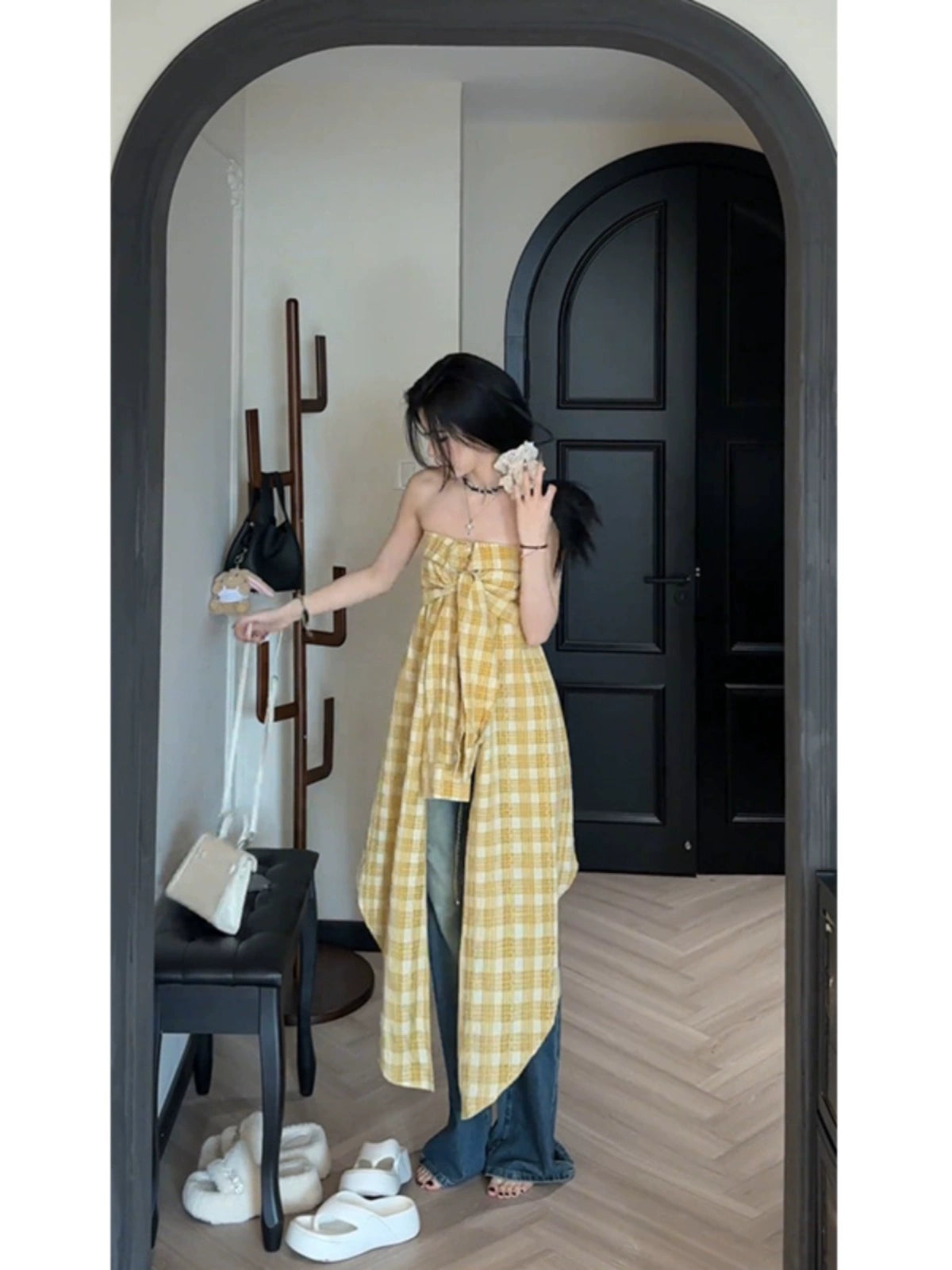 Fashion women's wear 2024 Summer New Design Sense Sleeveless Plaid Tube Top Shirt Female Korean Temperament Irregular Spaghetti-Strap Dress