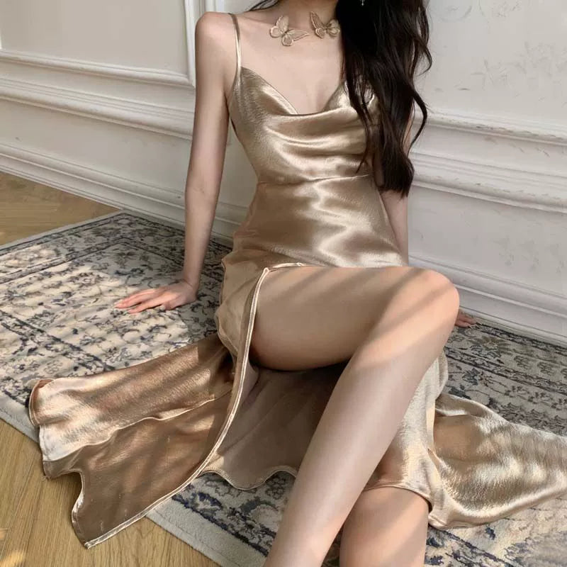 Fashion women's wear Summer New Outdoor Sling Dress Women's Spring Autumn Underwear Hot Girl Sexy Temperament Slim Fit Slimming Slit Dress