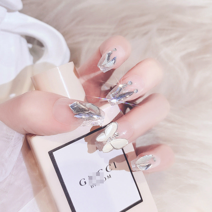 Fashion  nail Internet Celebrity Wear Nail Pure Desire Rhinestone Fake Nail Patch White Advanced Butterfly Nail Stickers Removable Finished Product X81