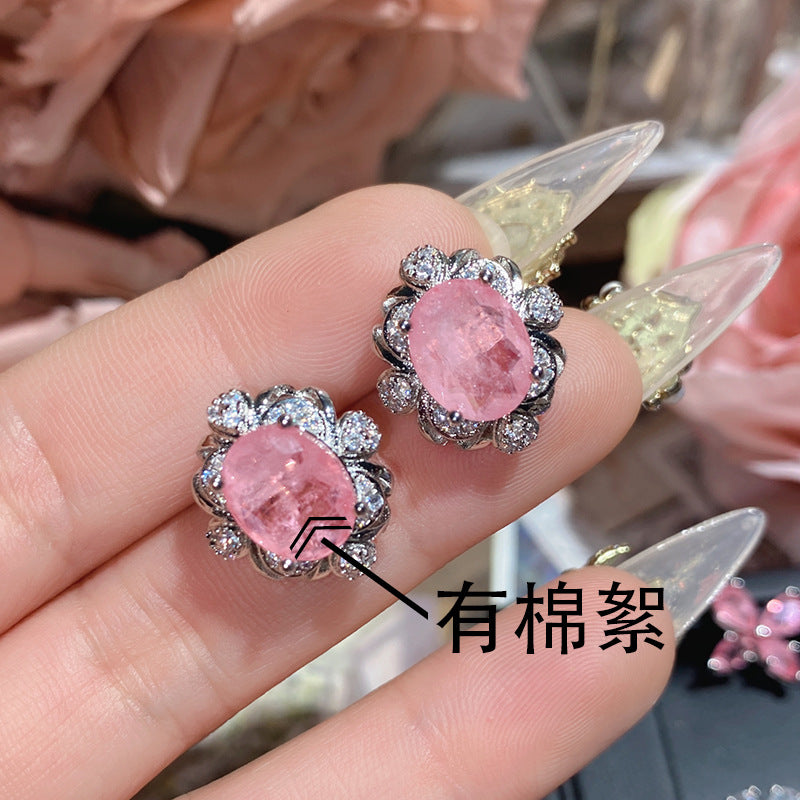 山茶新款超仙粉宝石爱心耳钉 镀18K金闪耀璀璨不规则甜酷少女耳饰