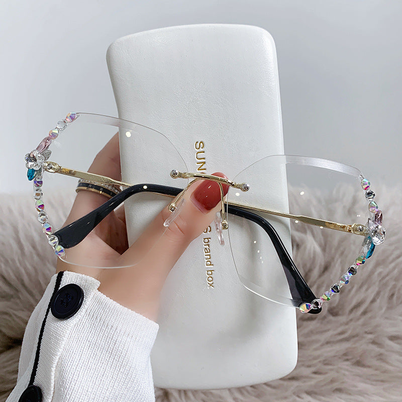 Women's fashion glasses 2024  新款时尚太阳镜女士防紫外线大脸显瘦无框水钻墨镜女ins韩版潮