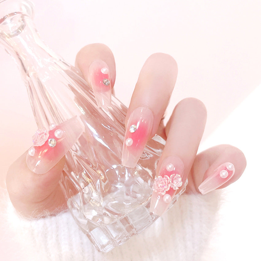 Fashion  nail Glitter Transparent Camellia Gentle Wear Manicure Girl Three-Dimensional Camellia Fake Nail Tip Finished Product Y54