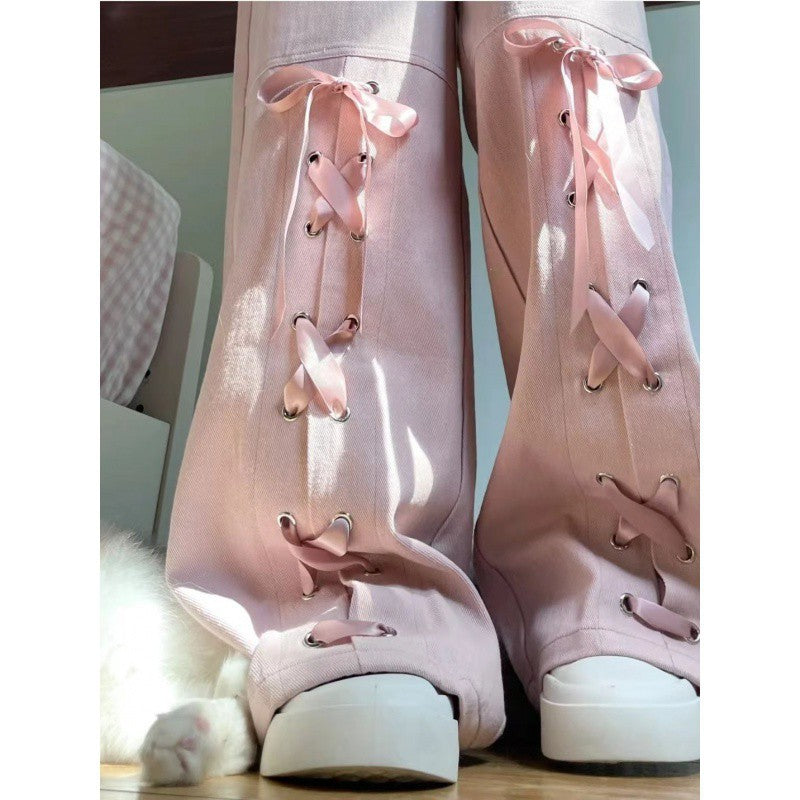 Free shipping  Pink dopamine bow strap casual jeans women's summer new high-waisted loose and thin wide-leg trousers pants