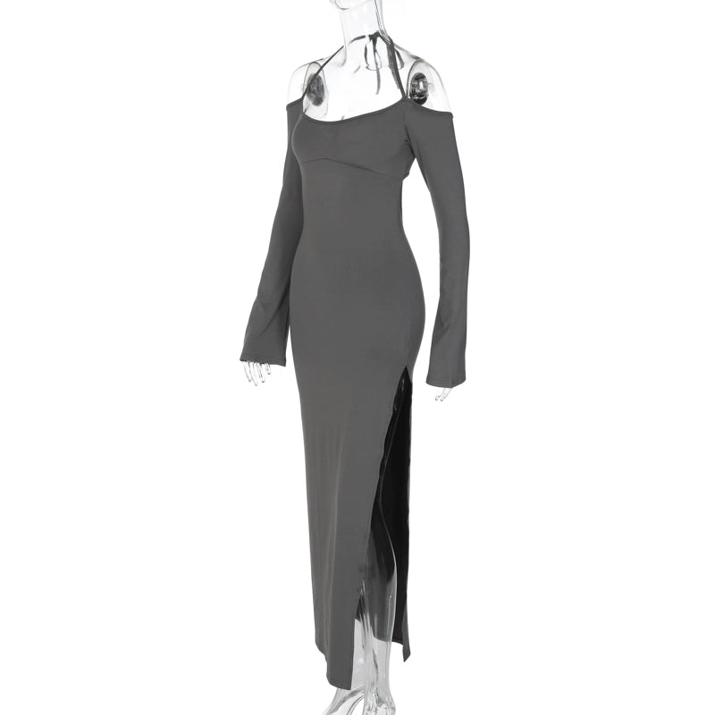Fashion women's wear Slimming off-Shoulder Long Sleeve Halter Dress Early Autumn New Hot Girl Sexy Backless Sheath Split Dress Fashion