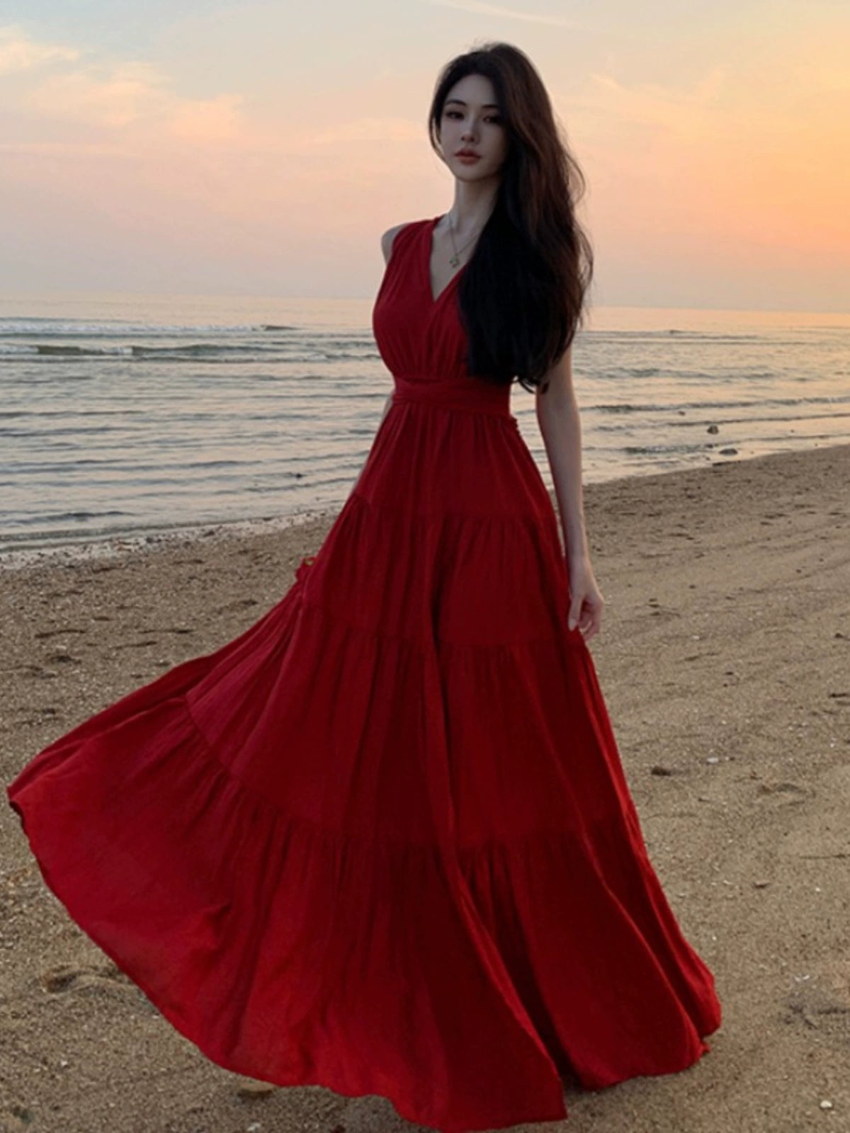 Dopamine dress Free shipping Tattoo Dopamine Island Wear Sexy Big Halter Green Strap Neck Dress Women's Summer Seaside Vacation Dress