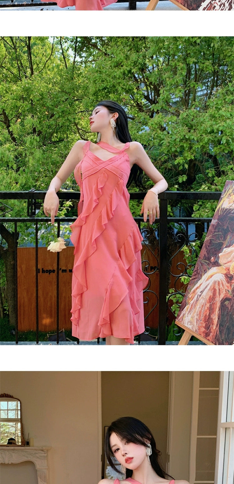 Fashion women's wear French Style Green Suspenders Dress Women's Summer V-neck Elegant Ruffle Waist-Tight Seaside Vacation Beach Dress