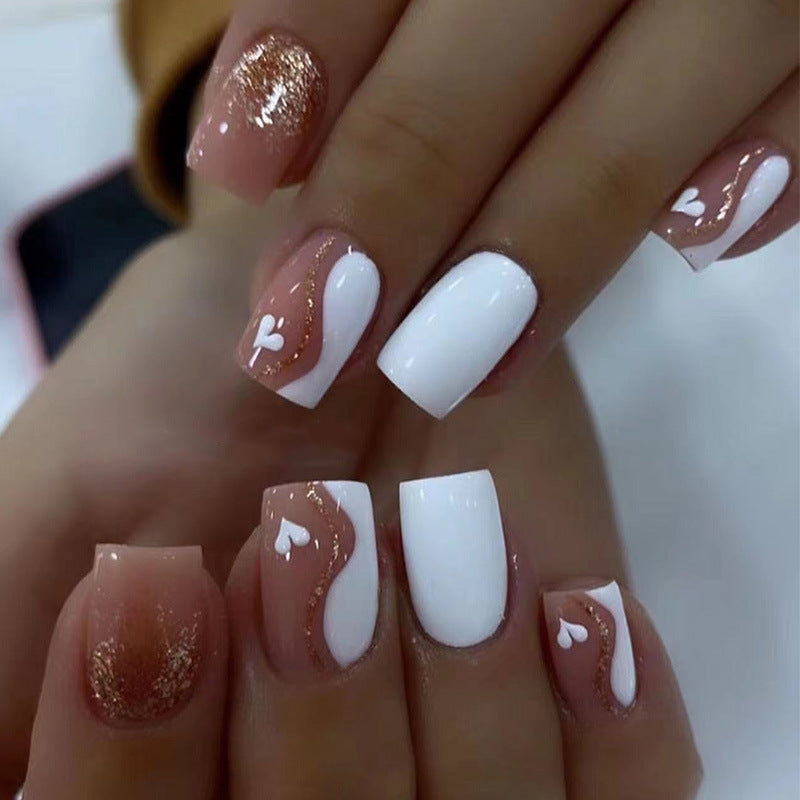 金闪白心穿戴甲裸色nails 欧美跨境美甲片外贸假指甲长甲美甲贴片