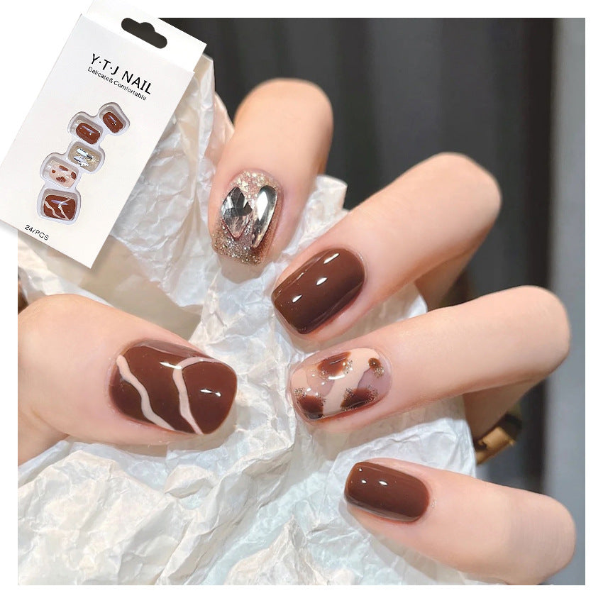 Fashion  nail Autumn and Winter Style Simple Rhinestone Milk Coffee Finished Nail Beauty Short Wear Fake Nails Detachable Nail Tip Wear Armor X95