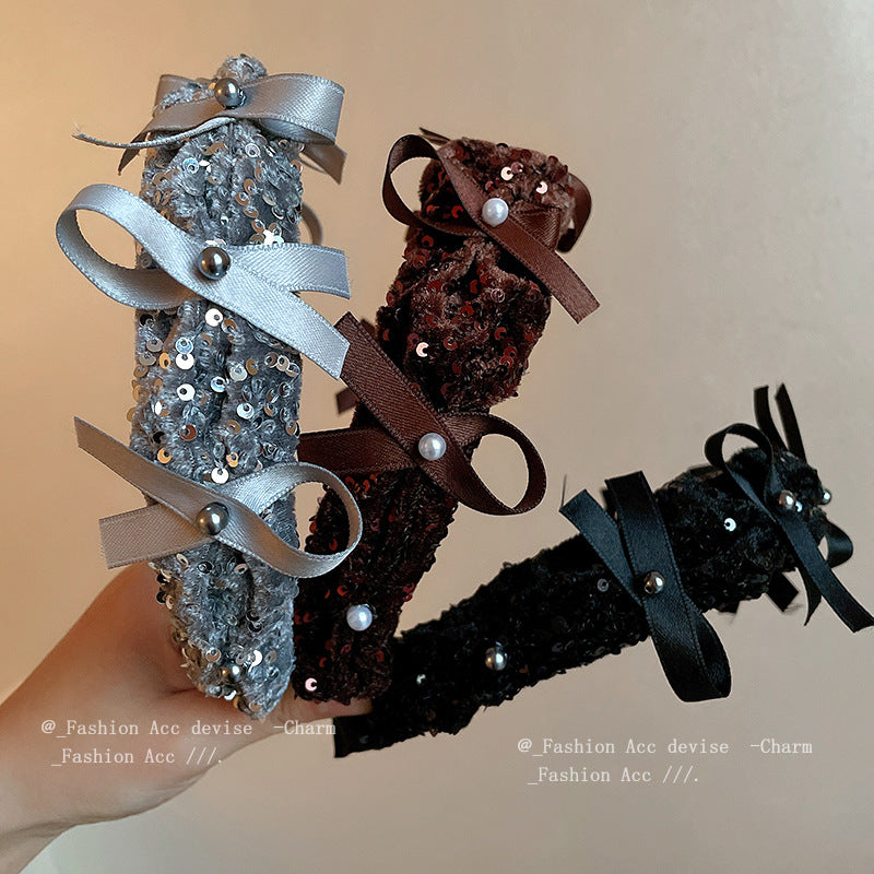 植绒亮片珍珠丝带发箍秋冬高颅顶压发头箍新款小众设计感发饰批发