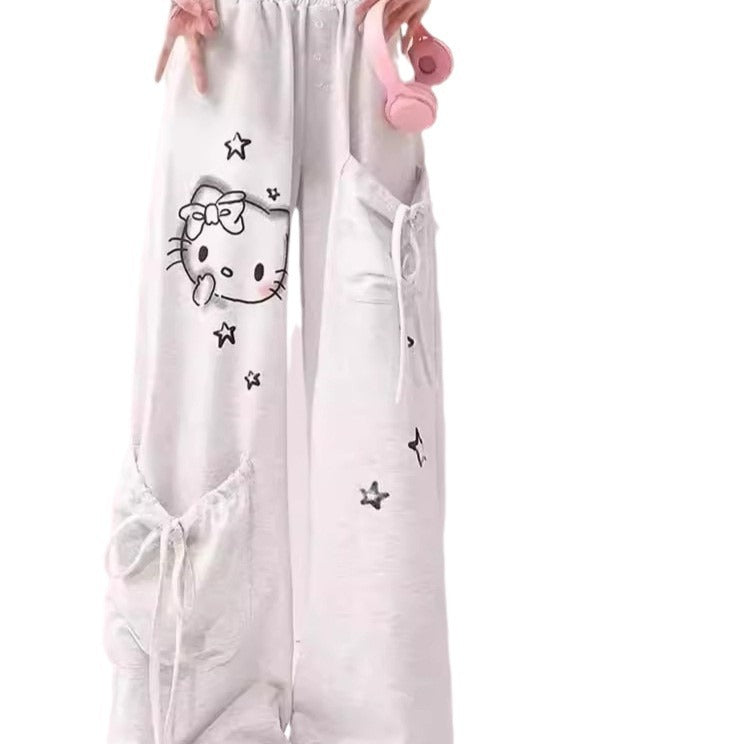Free shipping Dopamine printed gray casual pants women's new loose and thin straight mopping long pants