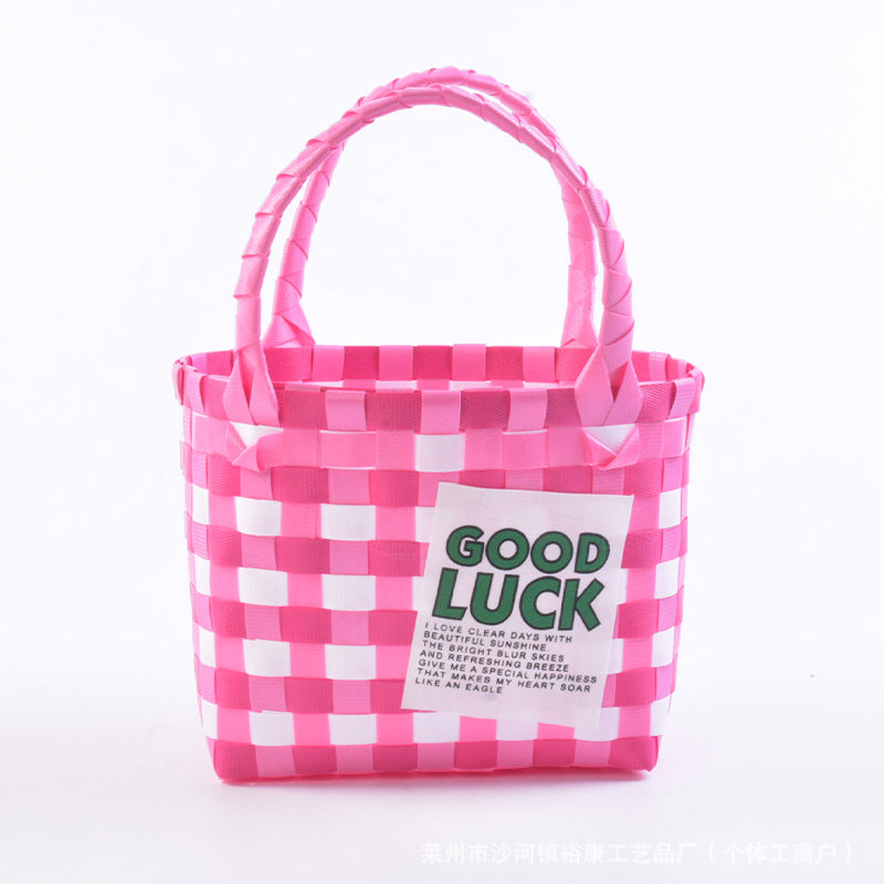 Dopamine Bag Free shipping Tattoo Cartoon dopamine plastic woven bag, trendy macaron hand-woven vegetable basket bag, cute casual seaside beach bag