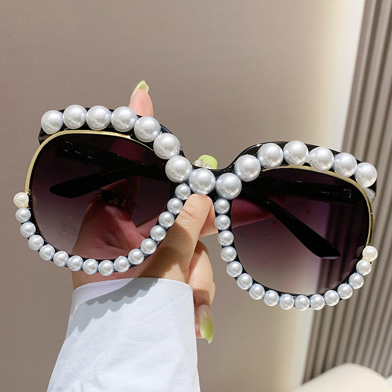Women's fashion glasses 欧美跨境2023新款镶珍珠无框太阳镜女时尚个性夸张影楼拍照墨镜