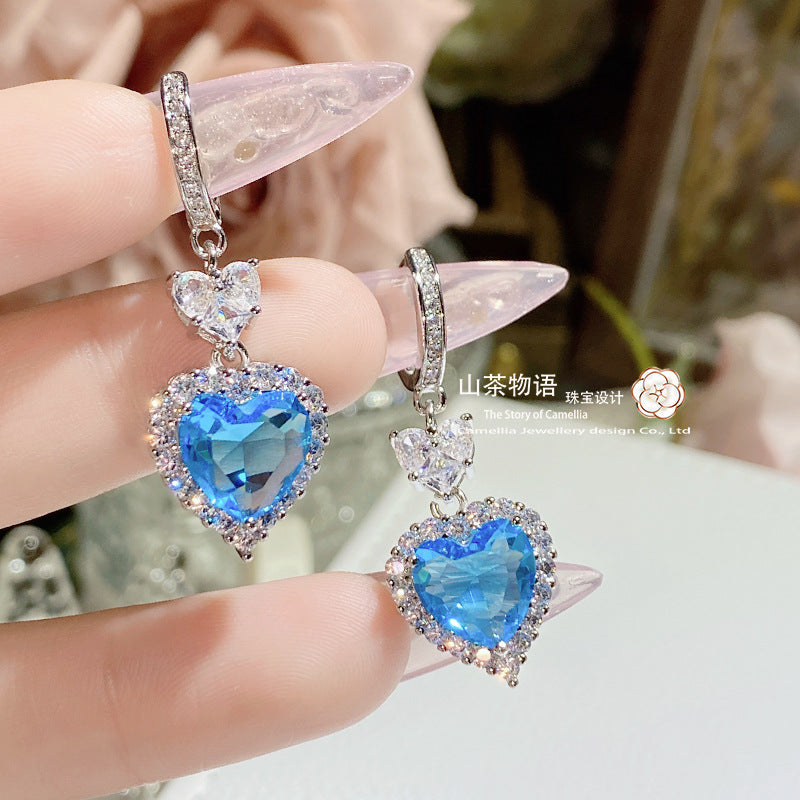 Camellia欧美Tiktok爆款仿坦桑蓝3件套 心形镶满钻耳环蓝刚玉戒指