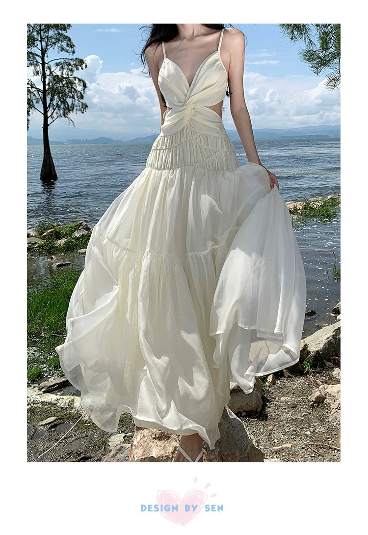 Fashion women's wear Tea Break French Advanced Sexy Backless Spaghetti Straps Dress Fairy Lady Super Fairy Gorgeous Seaside Vacation Beach Dress