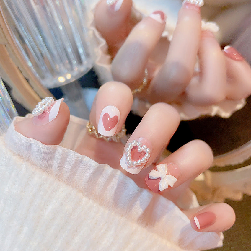 Fashion  nail Pearl Heart Bow Fake Nail Patch Finished Nail Beauty Wearable Nail Stickers X50