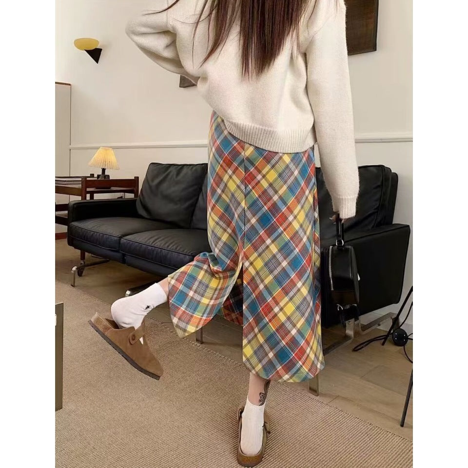 Dopamine dress Free shipping Tattoo Spring, autumn and winter American retro dopamine color skirt fat mm women's high waist and thin hip covering plaid hip wrap skirt