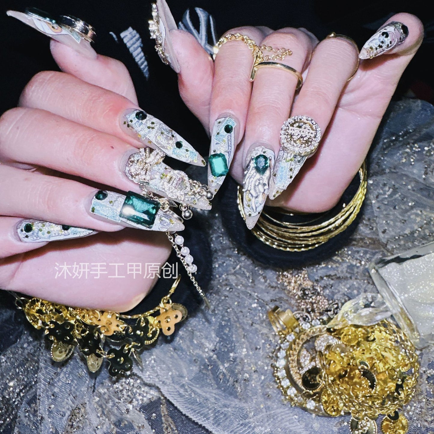 (Hand-Made Nail) Yan Yan Handmade Nail Real Shot US Dollar New Year Popular Original Lucky Paper Drunk Gold Fan Luxury Hot Girl Personality Wear Nail