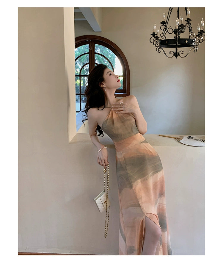 Fashion women's wear Chiffon Niche Sleeveless Split Halter Spaghetti Straps Dress Retro Hong Kong Style Tight Waist Seaside Vacation Dress Beach Dress