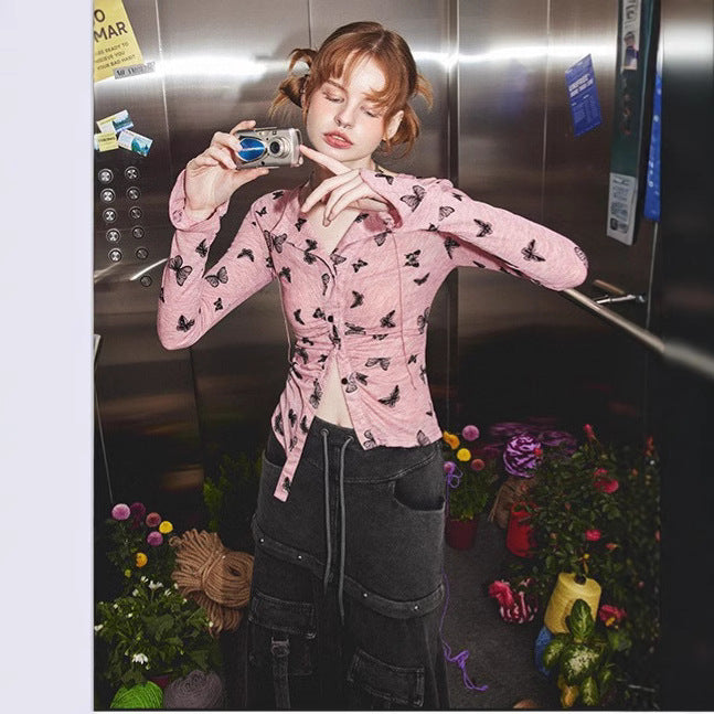 Dopamine tops Free shipping Tattoo Autumn and winter new pink long-sleeved t-shirt pure sweet and cool Spice Girl design sense V-neck cardigan gentle Versailles top