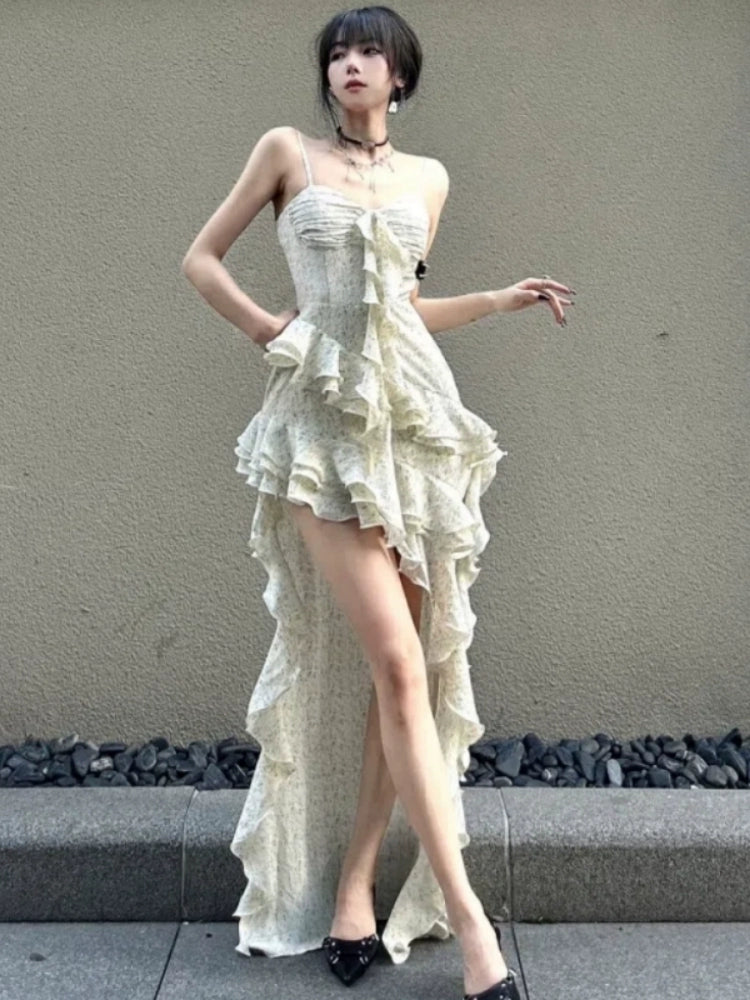Fashion women's wear French Hot Girl Ruffled Spaghetti Straps Dress Women's Pure Desire Style Summer New Irregular High-Grade Temperament Long