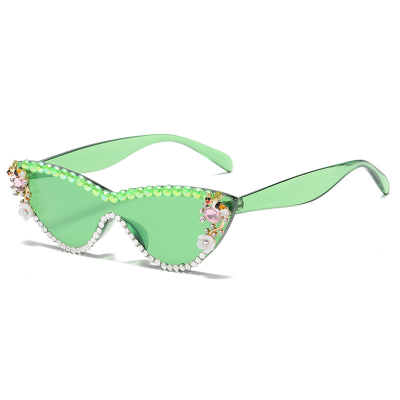 Women's fashion glasses 太阳眼镜ins网红猫眼欧美镶珍珠女潮墨镜彩色镜片水钻金属铰链