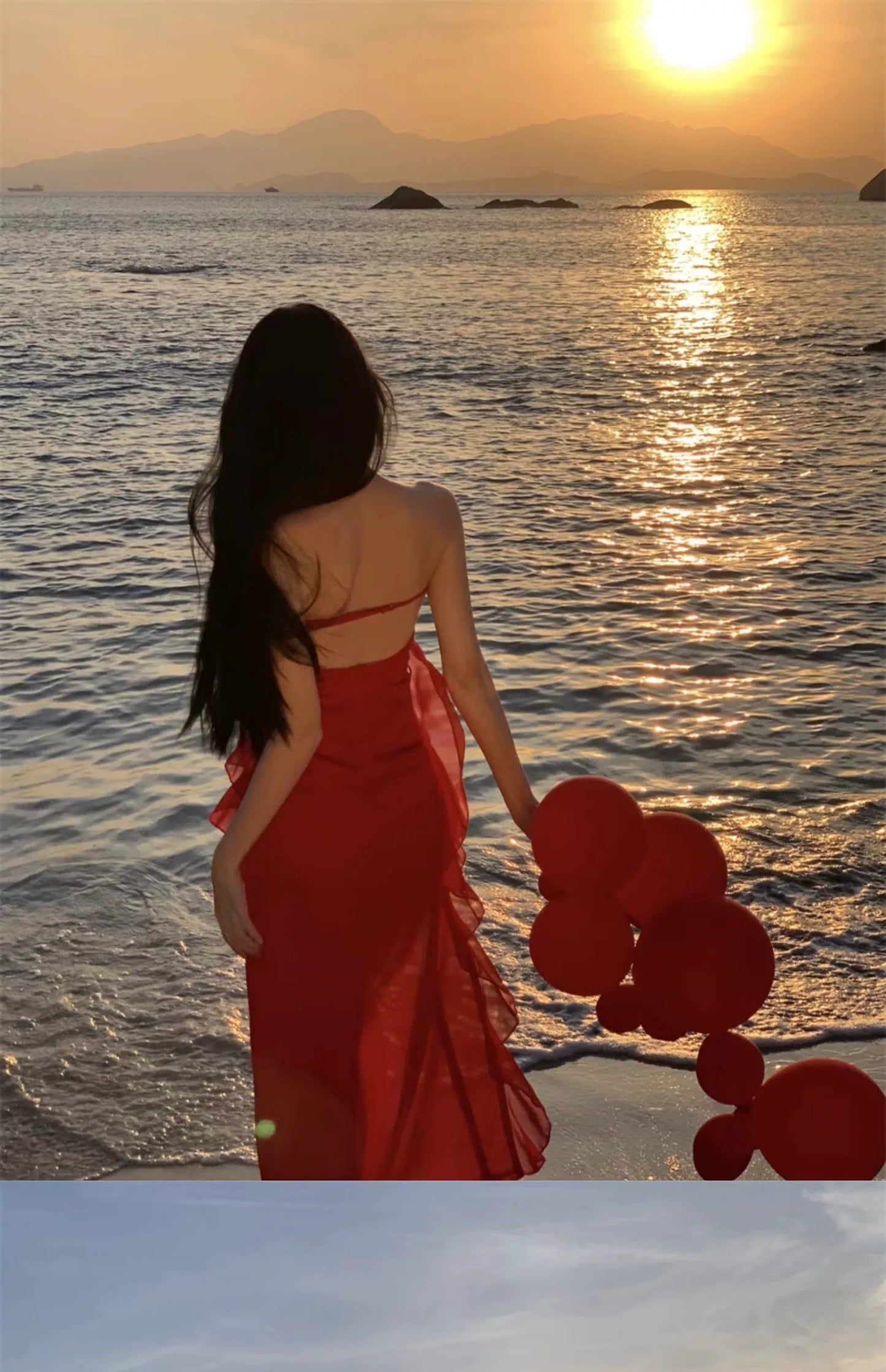 Fashion women's wear French Irregular Red Halter Spaghetti Straps Dress Women's Senior Sexy Beautiful Dress Seaside Holiday Beach Dress